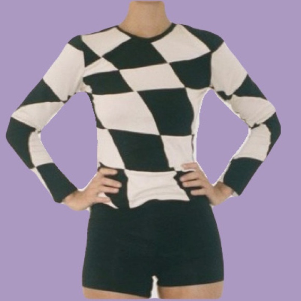 Tyler McGillivary Black White Warped Checkerboard Pattern Long Sleeve Top Small